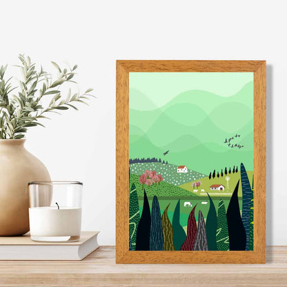 Modern Graphical Green, Colourful Lakeside Village Art Poster | Wall Art Plaza