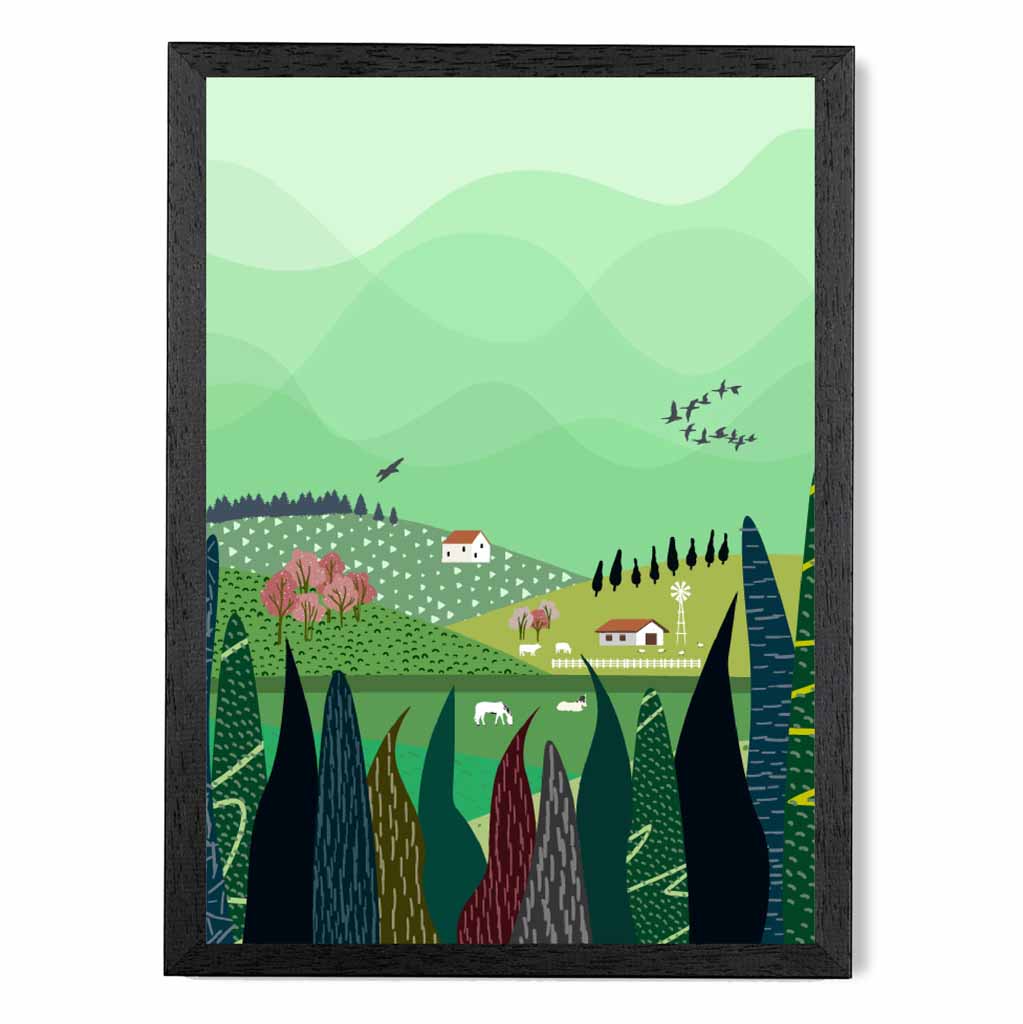 Modern Graphical Green, Colourful Lakeside Village Art Poster | Wall Art Plaza