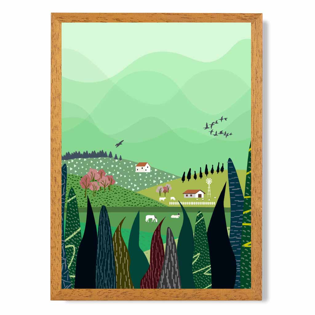 Modern Graphical Green, Colourful Lakeside Village Art Poster | Wall Art Plaza