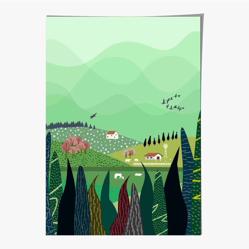 Modern Graphical Green, Colourful Lakeside Village Art Poster | Wall Art Plaza