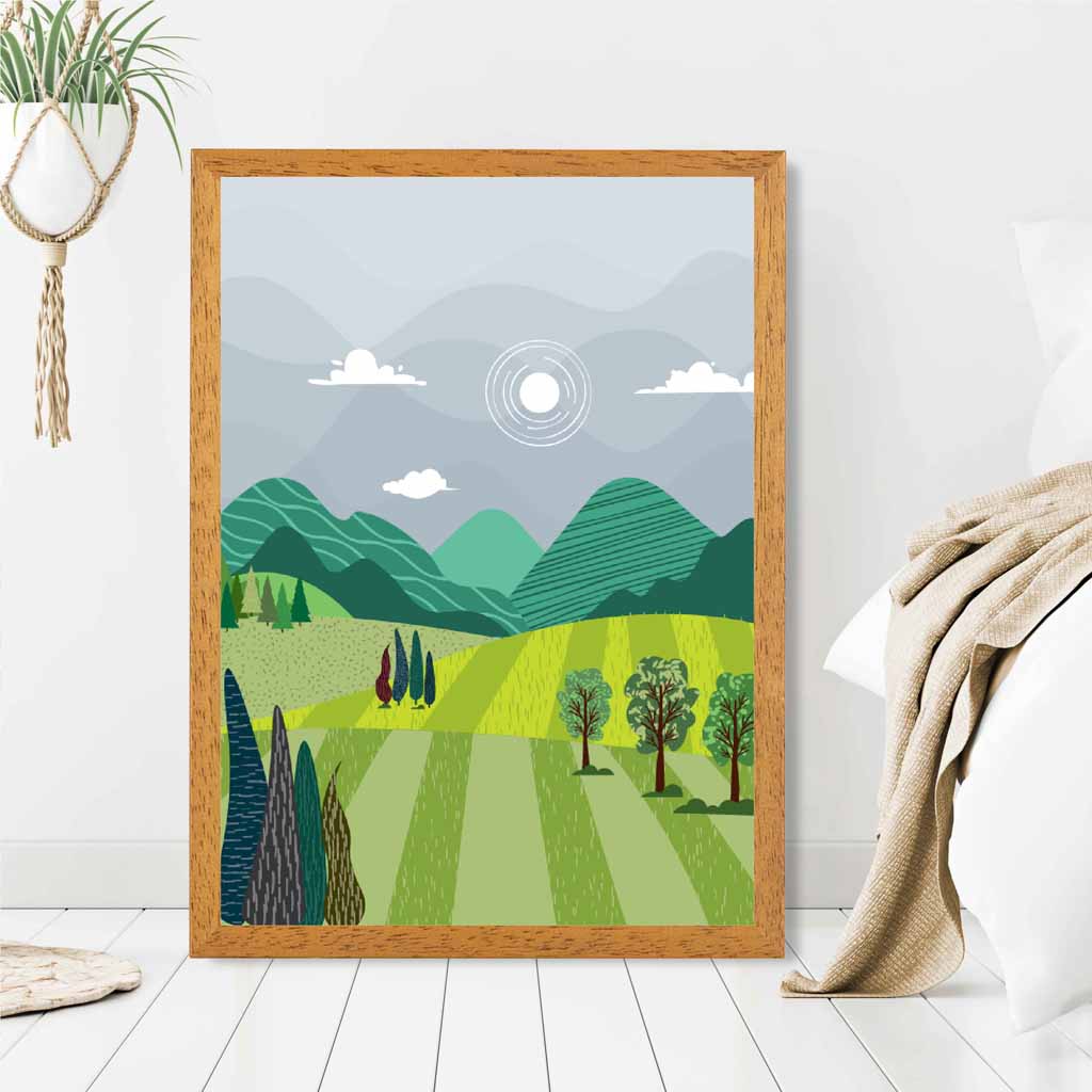 Graphical Modern Green, Grey Pastures Art Poster | Wall Art Plaza