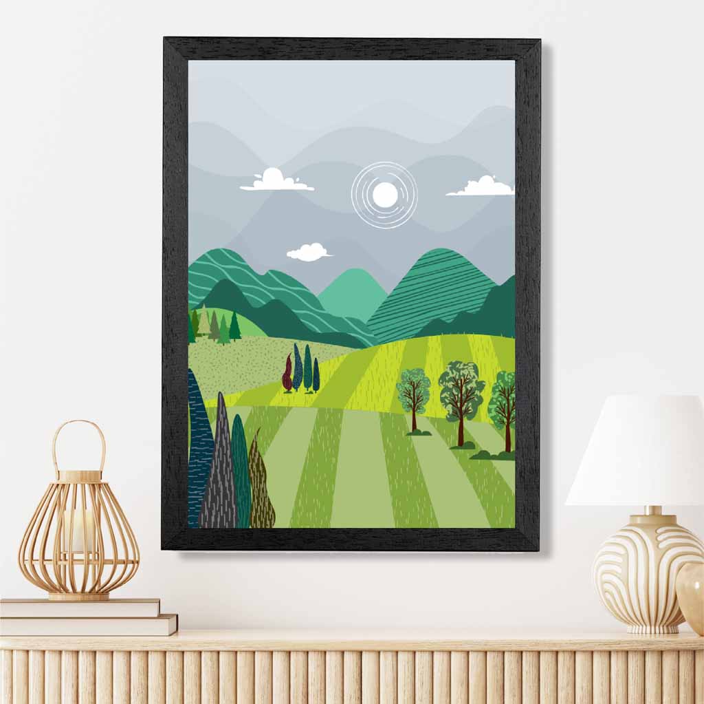 Graphical Modern Green, Grey Pastures Art Poster | Wall Art Plaza