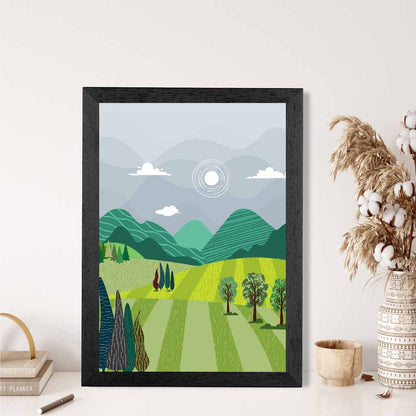 Graphical Modern Green, Grey Pastures Art Poster | Wall Art Plaza