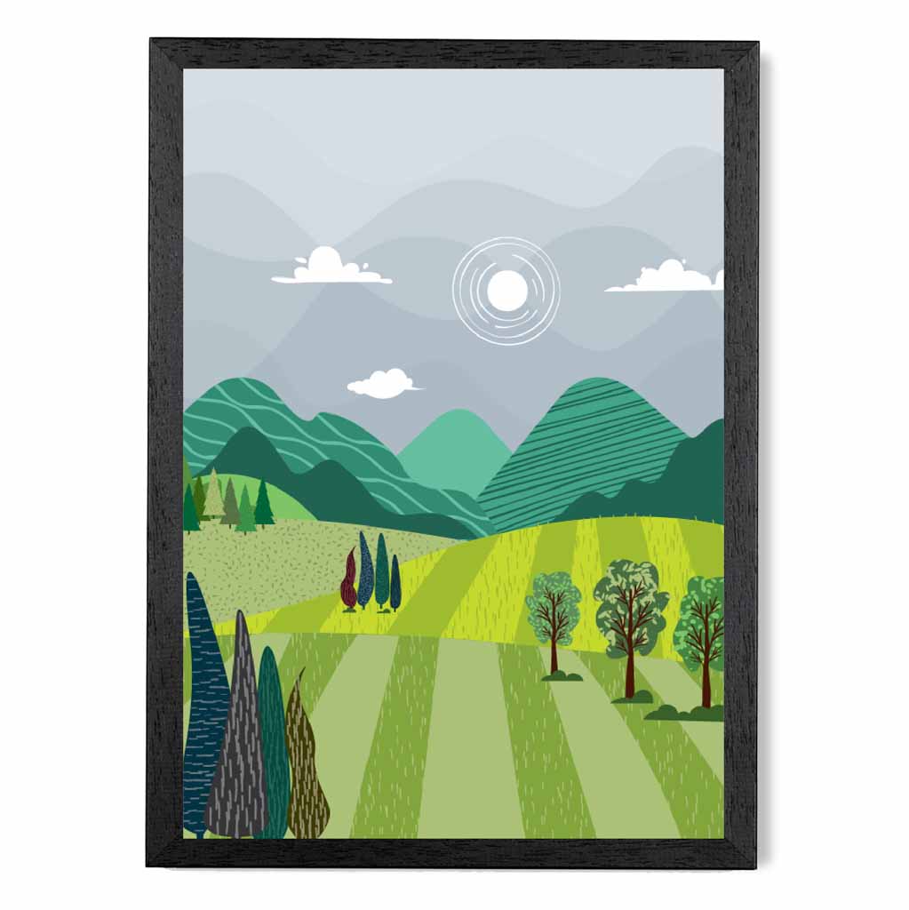 Graphical Modern Green, Grey Pastures Art Poster | Wall Art Plaza