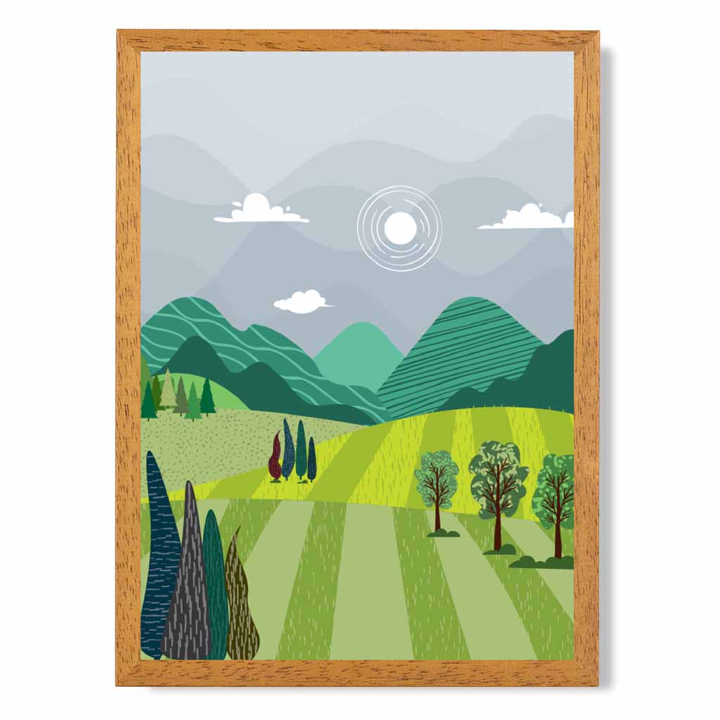 Graphical Modern Green, Grey Pastures Art Poster | Wall Art Plaza