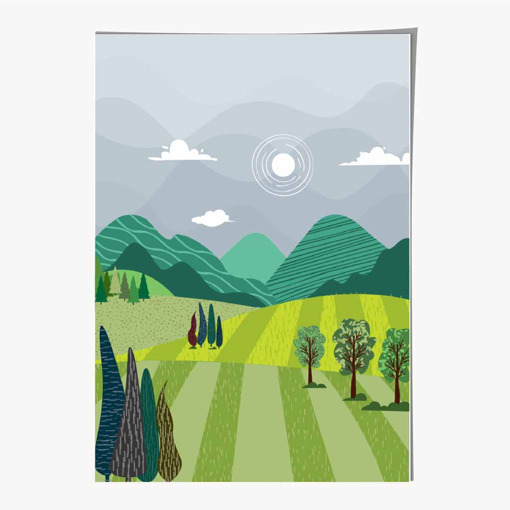 Graphical Modern Green, Grey Pastures Art Poster | Wall Art Plaza