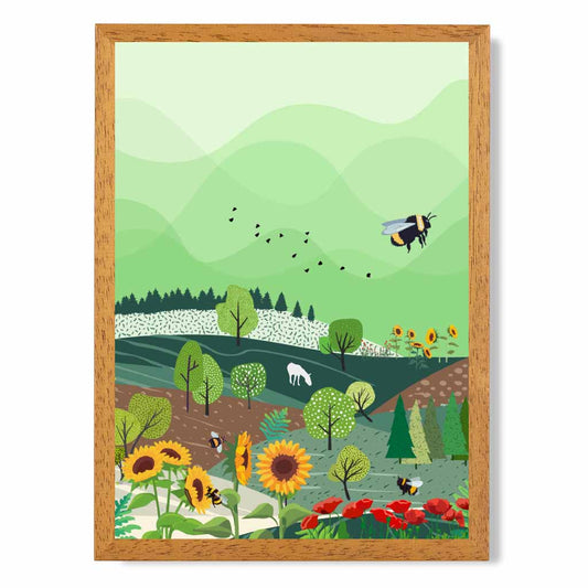 Quirky Modern Green, Colourful Floral Landscape Art Print | Wall Art Plaza