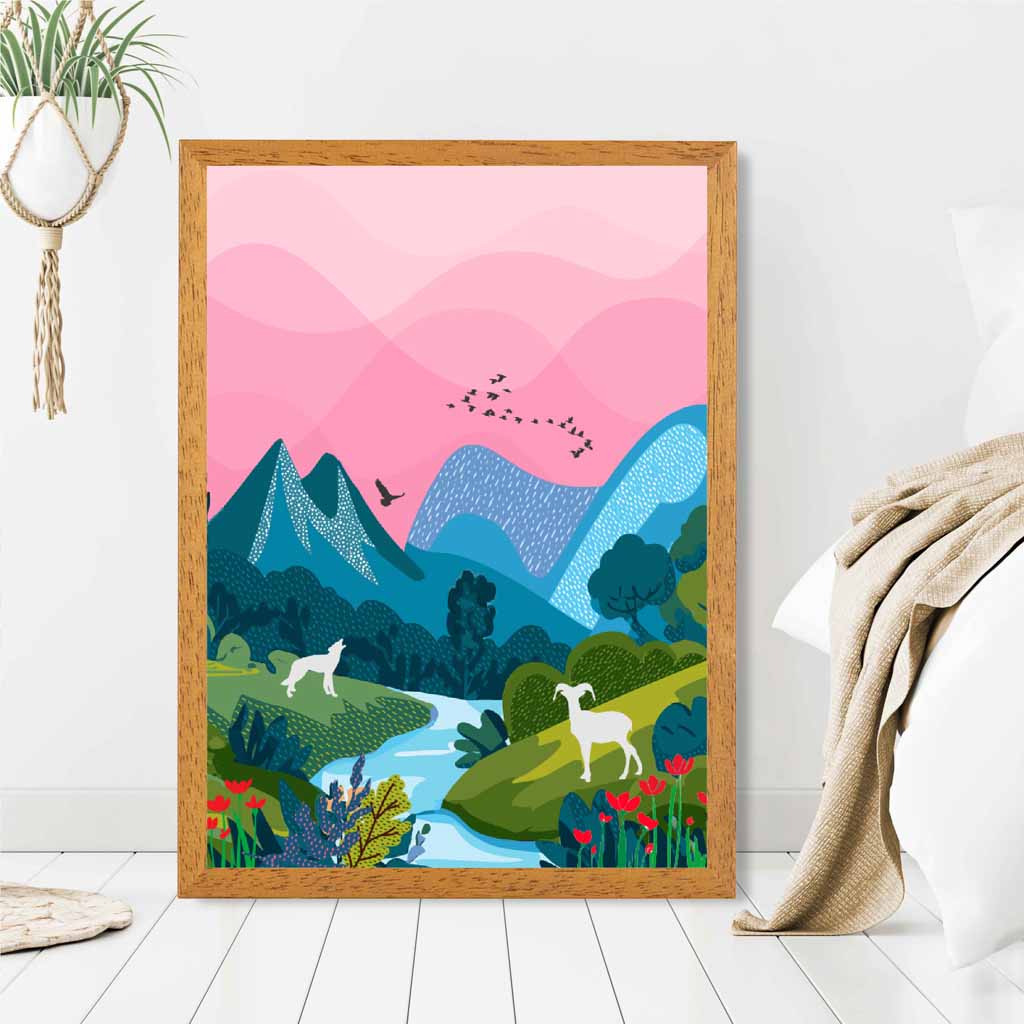Modern Pink, Blue Wildlife Stream Art Print | Wall Art Plaza