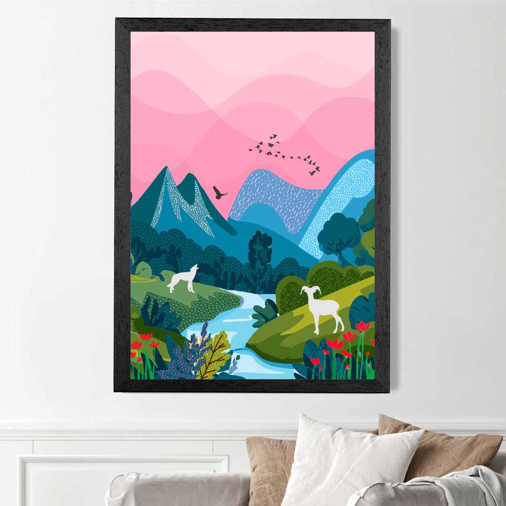 Modern Pink, Blue Wildlife Stream Art Print | Wall Art Plaza