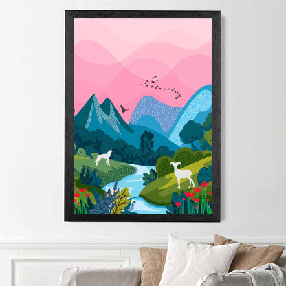 Modern Pink, Blue Wildlife Stream Art Print | Wall Art Plaza