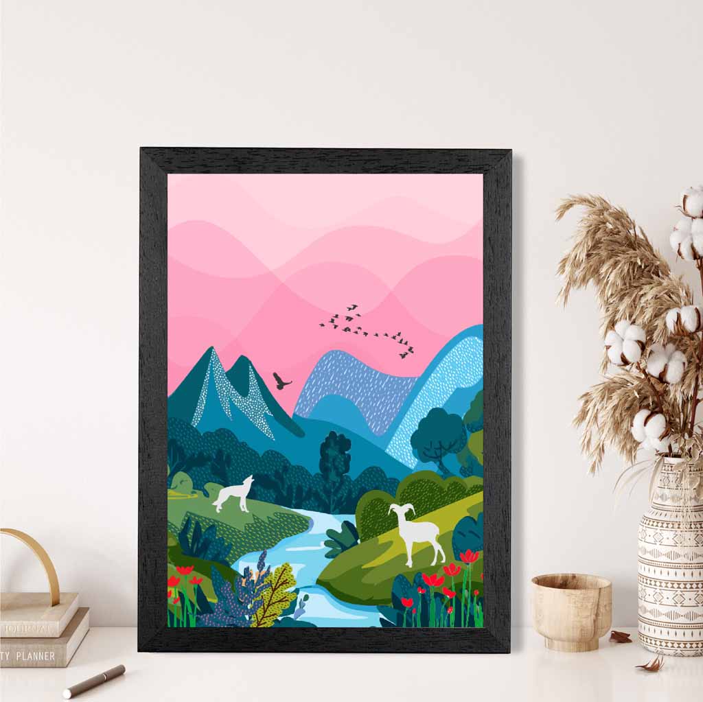 Modern Pink, Blue Wildlife Stream Art Print | Wall Art Plaza