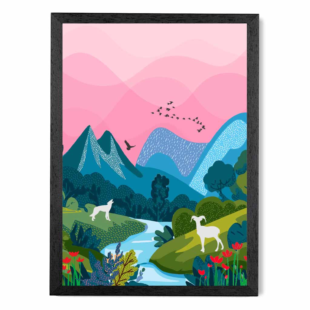 Modern Pink, Blue Wildlife Stream Art Print | Wall Art Plaza