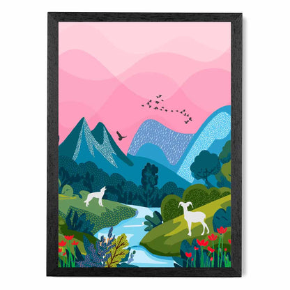 Modern Pink, Blue Wildlife Stream Art Print | Wall Art Plaza