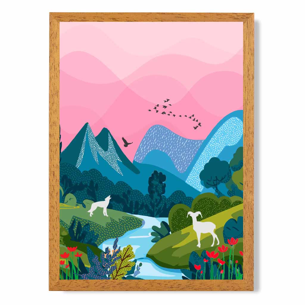 Modern Pink, Blue Wildlife Stream Art Print | Wall Art Plaza