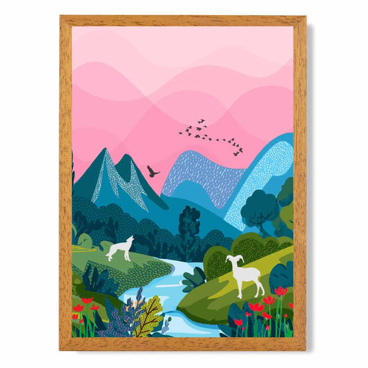 Modern Pink, Blue Wildlife Stream Art Print | Wall Art Plaza