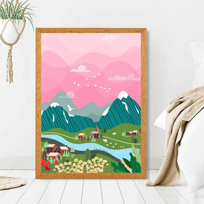 Graphical Pink, Colourful Alpine Charm Art Poster | Wall Art Plaza