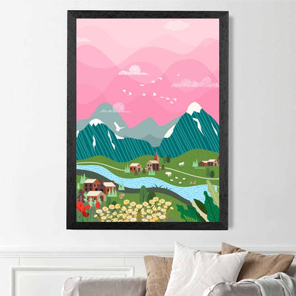 Graphical Pink, Colourful Alpine Charm Art Poster | Wall Art Plaza