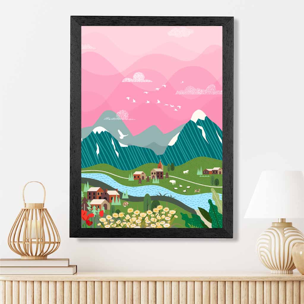 Graphical Pink, Colourful Alpine Charm Art Poster | Wall Art Plaza