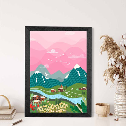 Graphical Pink, Colourful Alpine Charm Art Poster | Wall Art Plaza