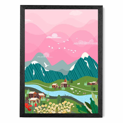 Graphical Pink, Colourful Alpine Charm Art Poster | Wall Art Plaza