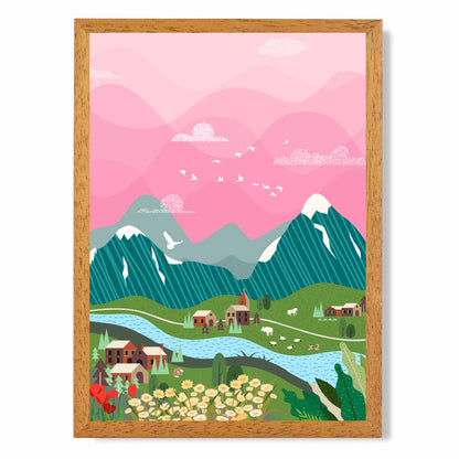 Graphical Pink, Colourful Alpine Charm Art Poster | Wall Art Plaza