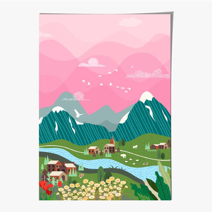 Graphical Pink, Colourful Alpine Charm Art Poster | Wall Art Plaza