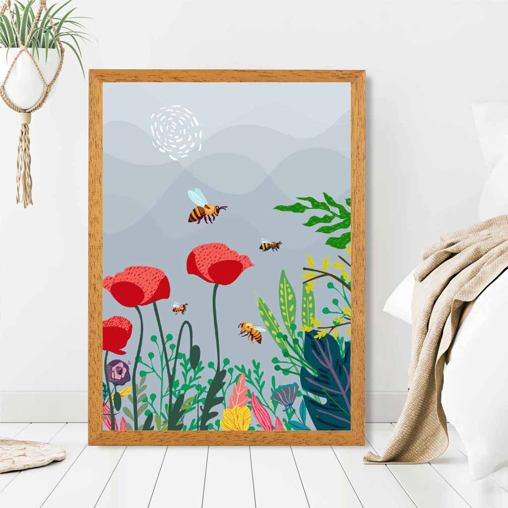 Graphical Modern Grey, Red Poppies and Bees Art Poster | Wall Art Plaza