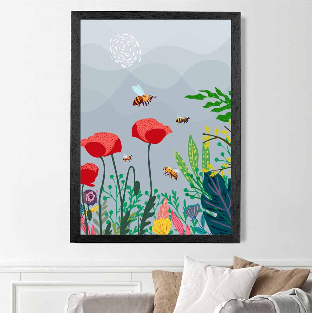 Graphical Modern Grey, Red Poppies and Bees Art Poster | Wall Art Plaza