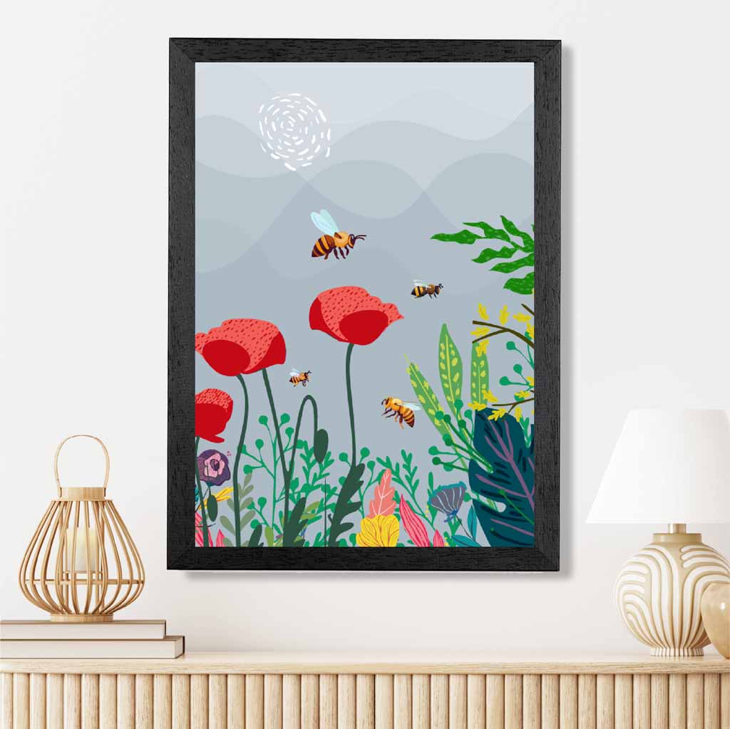 Graphical Modern Grey, Red Poppies and Bees Art Poster | Wall Art Plaza