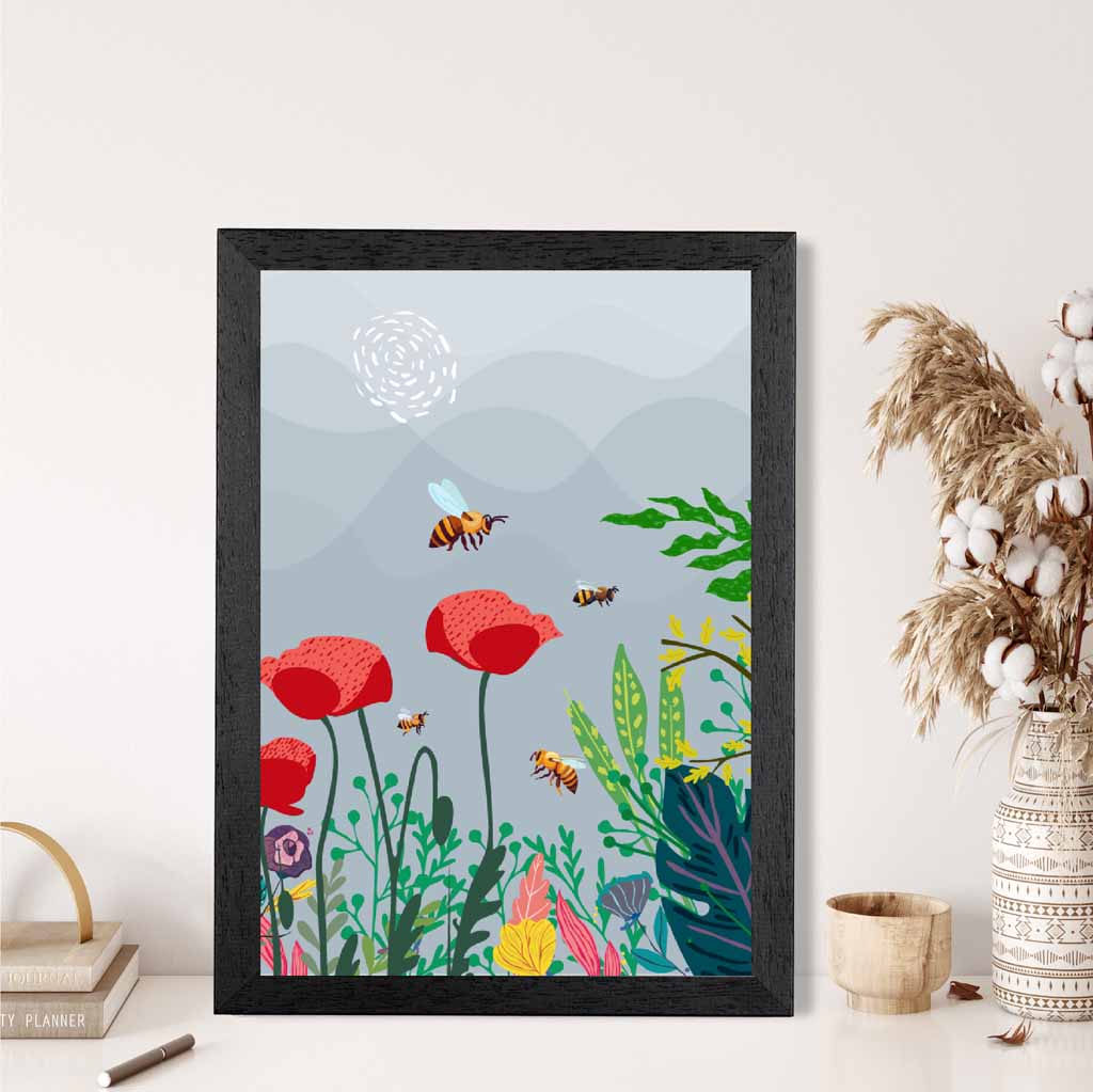 Graphical Modern Grey, Red Poppies and Bees Art Poster | Wall Art Plaza