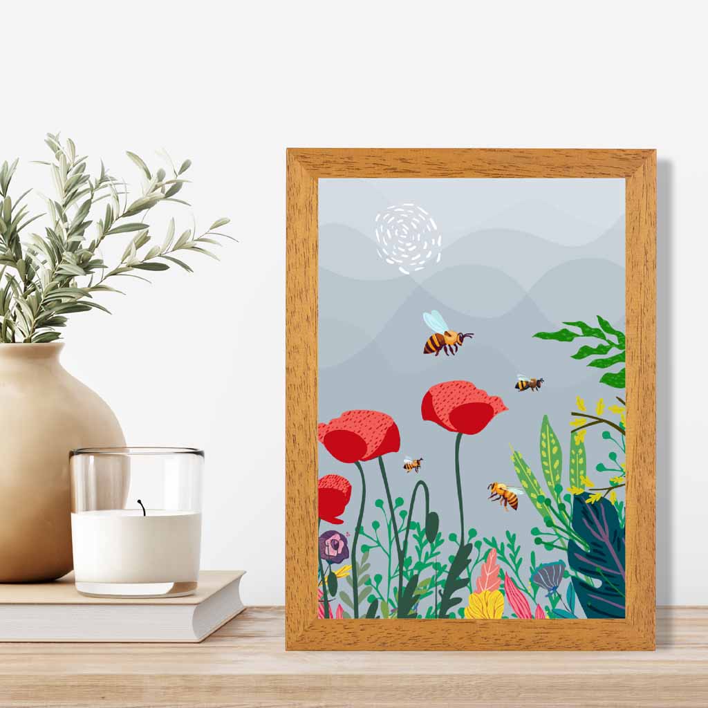 Graphical Modern Grey, Red Poppies and Bees Art Poster | Wall Art Plaza