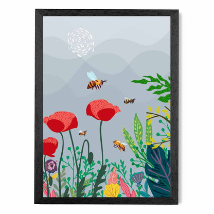 Graphical Modern Grey, Red Poppies and Bees Art Poster | Wall Art Plaza