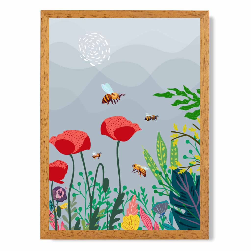 Graphical Modern Grey, Red Poppies and Bees Art Poster | Wall Art Plaza