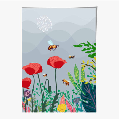 Graphical Modern Grey, Red Poppies and Bees Art Poster | Wall Art Plaza