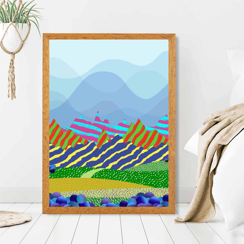 Modern Graphical Blue, Colourful Landscape Hills Art Poster | Wall Art Plaza