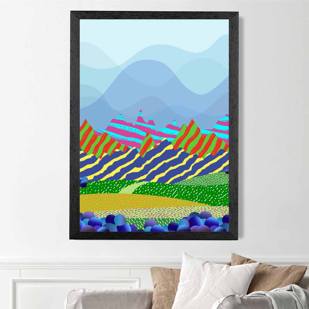 Modern Graphical Blue, Colourful Landscape Hills Art Poster | Wall Art Plaza