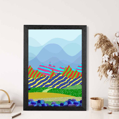 Modern Graphical Blue, Colourful Landscape Hills Art Poster | Wall Art Plaza