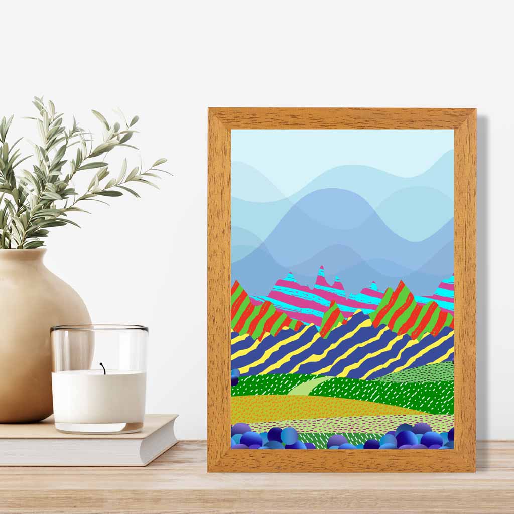 Modern Graphical Blue, Colourful Landscape Hills Art Poster | Wall Art Plaza