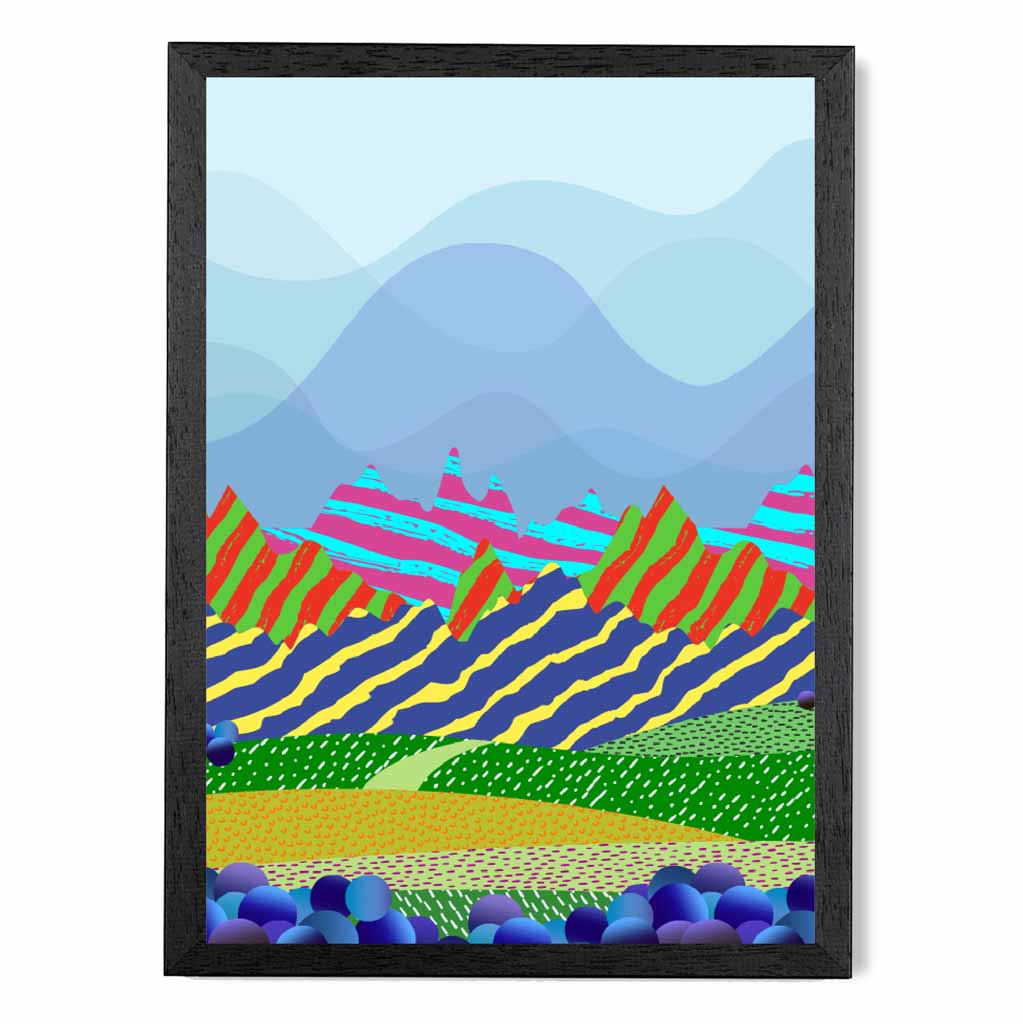 Modern Graphical Blue, Colourful Landscape Hills Art Poster | Wall Art Plaza