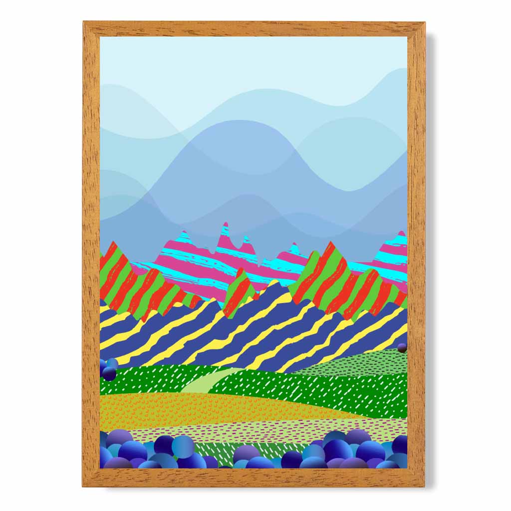 Modern Graphical Blue, Colourful Landscape Hills Art Poster | Wall Art Plaza