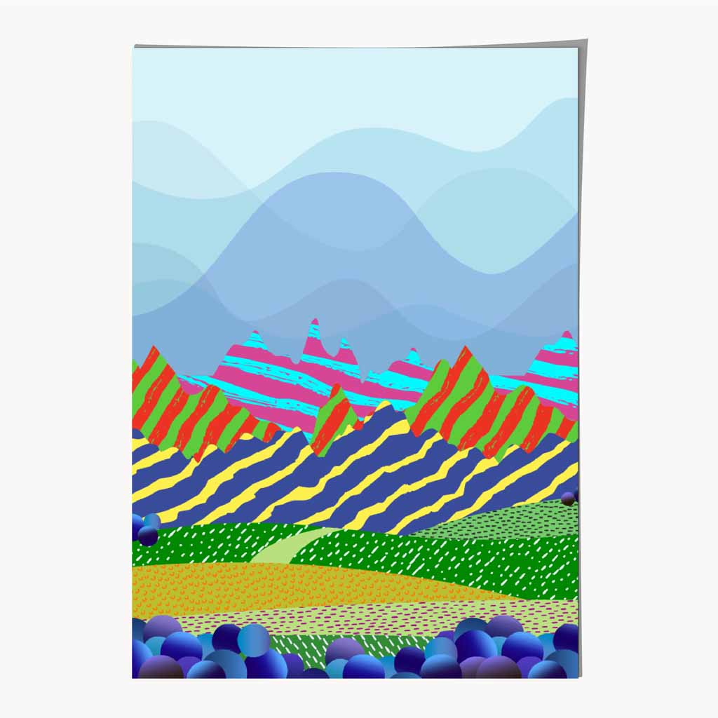 Modern Graphical Blue, Colourful Landscape Hills Art Poster | Wall Art Plaza