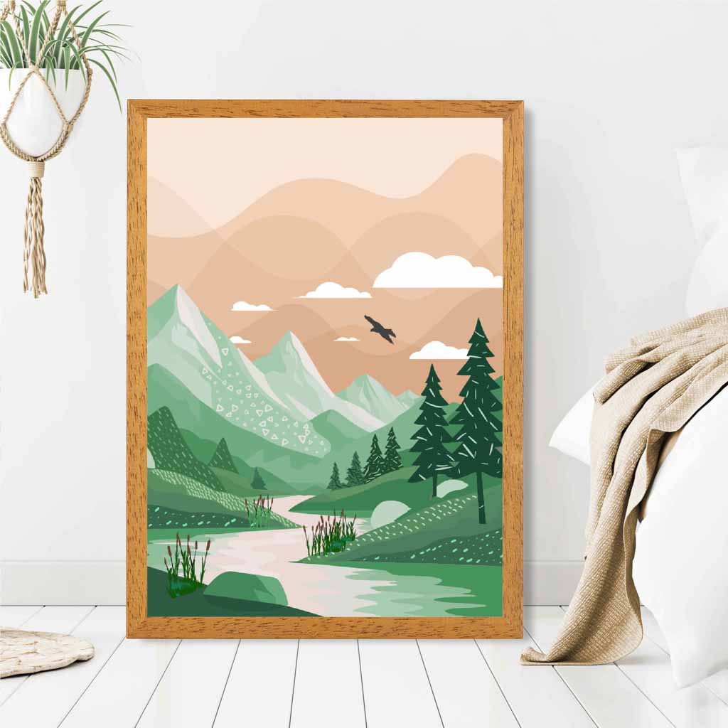 Modern Beige, Green Forest Lake Art Print | Wall Art Plaza