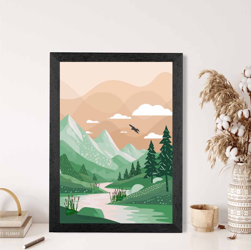 Modern Beige, Green Forest Lake Art Print | Wall Art Plaza