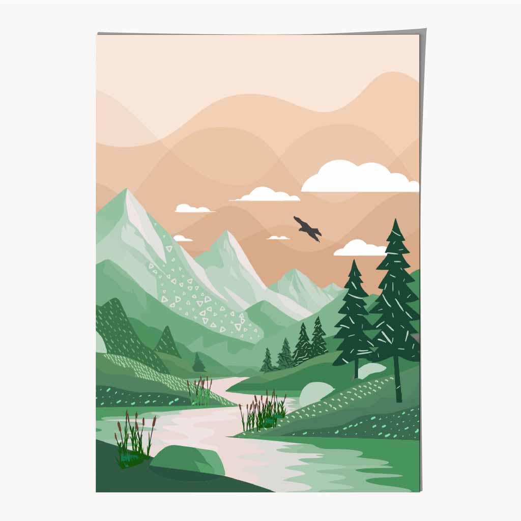 Modern Beige, Green Forest Lake Art Print | Wall Art Plaza