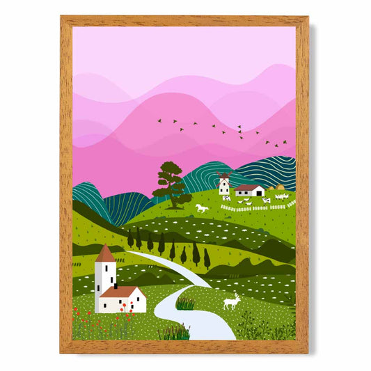 Boho Pink, Green Countryside Art Print | Wall Art Plaza