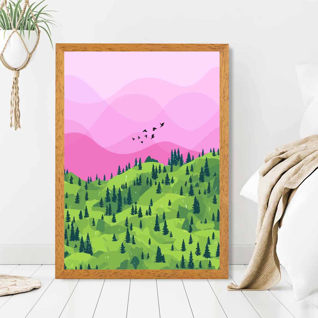 Modern Graphical Pink, Green Trees Art Poster | Wall Art Plaza