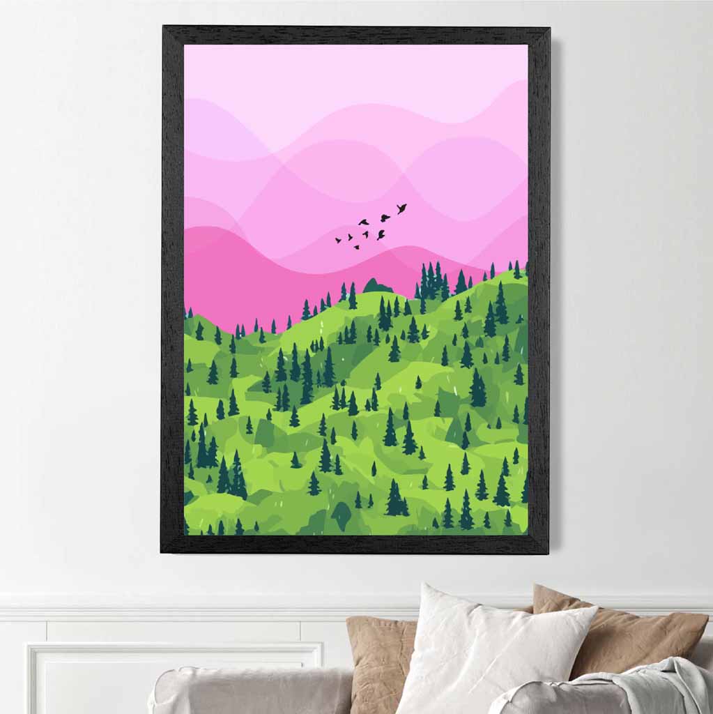 Modern Graphical Pink, Green Trees Art Poster | Wall Art Plaza