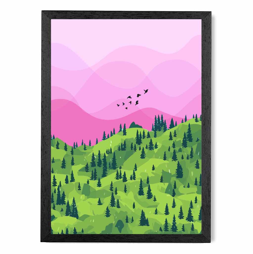 Modern Graphical Pink, Green Trees Art Poster | Wall Art Plaza