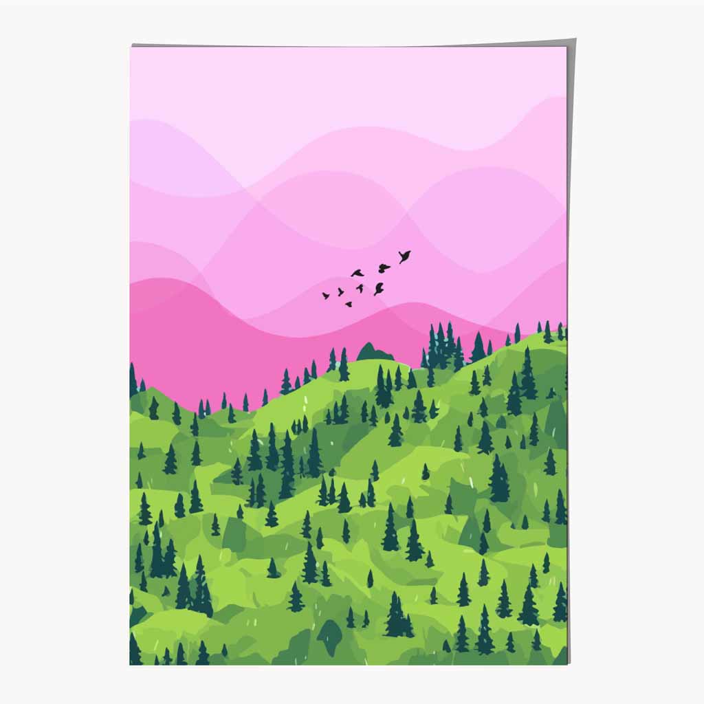 Modern Graphical Pink, Green Trees Art Poster | Wall Art Plaza