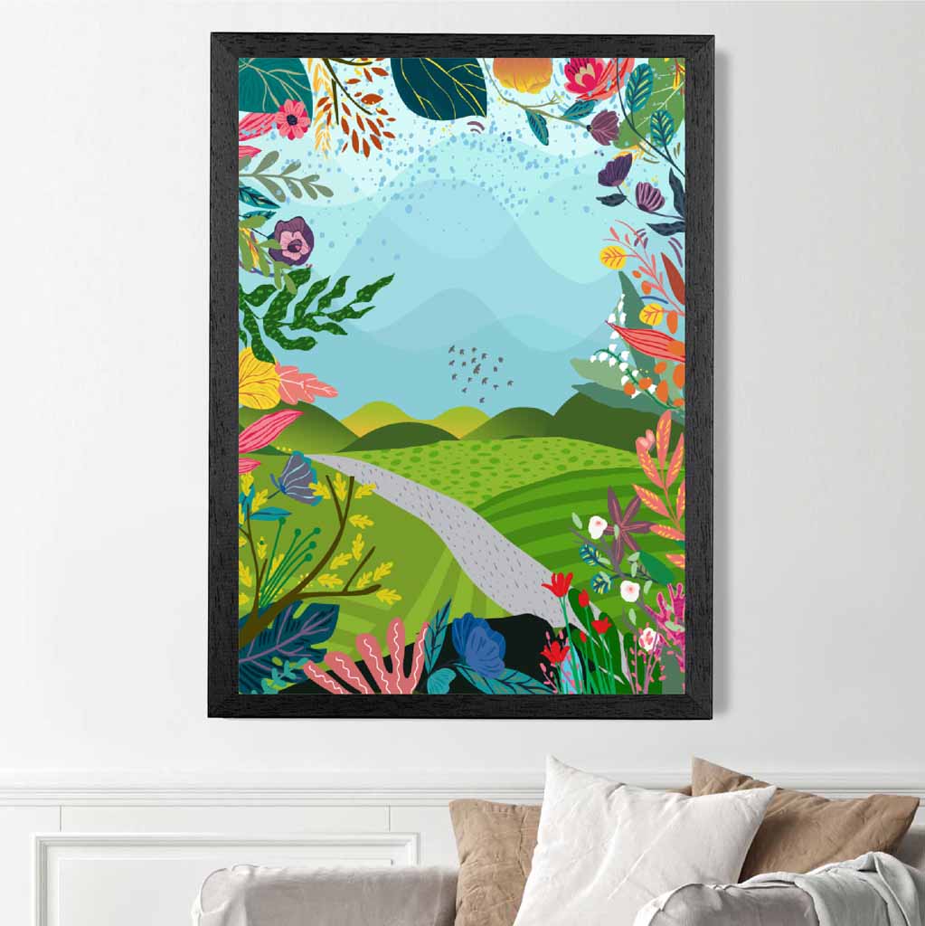 Graphical Modern Blue, Colourful Floral Park No 1 Art Poster | Wall Art Plaza